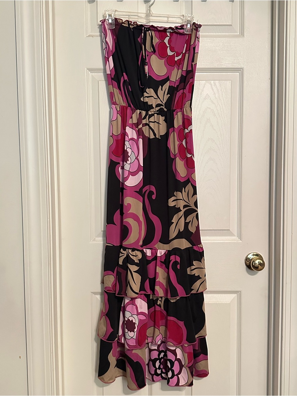 Strapless Floral Tiered Maxi Dress in Black and Pink